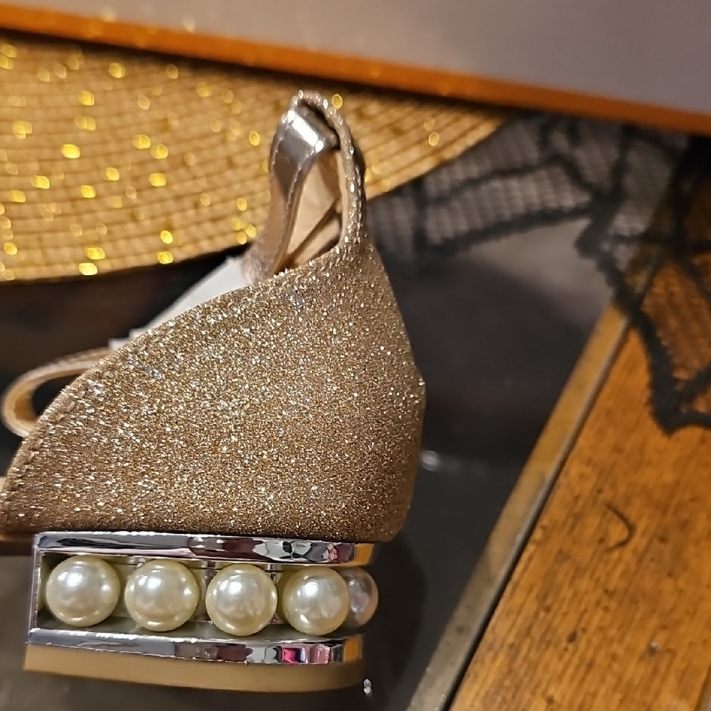 Gold Glitter Heels with Pearl Accent - Picture 4 of 9